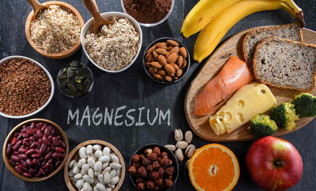 image of magnesium wrote out in chalk on a blackboard with foods which support magnesium production